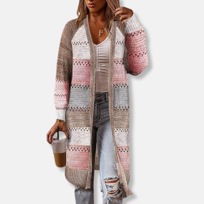 Comfortable Wool Knit Cardigan Relaxed Fit Stripe Pattern