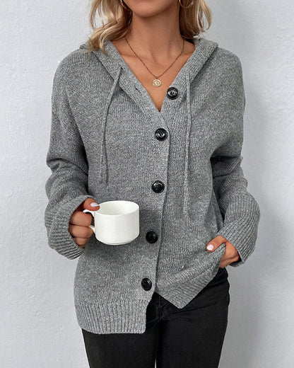 Klassische Strickjacke Mit Kapuze und Schnürung - IdealeKleiden