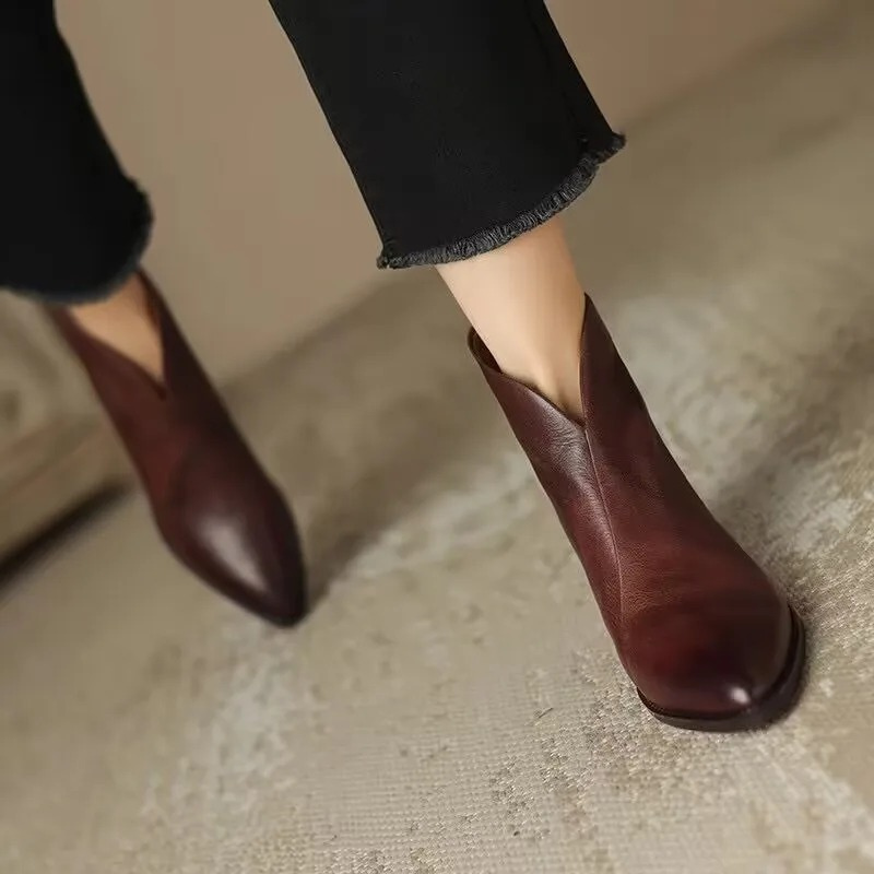 Elegant Leather Ankle Boots for Women Pointed Toe Block Heel