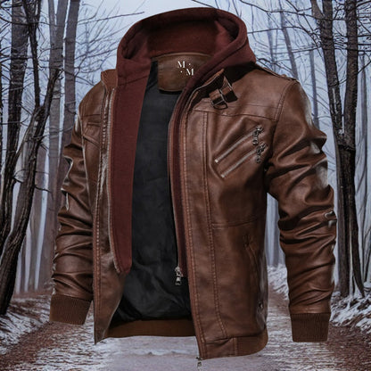 Warm leather jacket hood winter