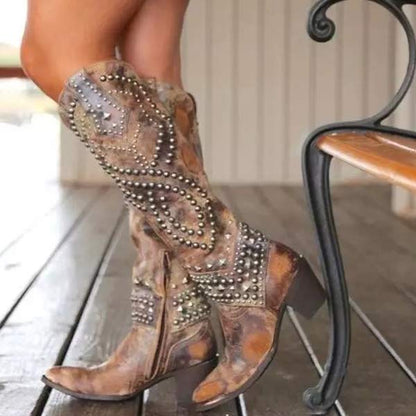Stylish Women's High Metallic Stud Block Heel Boots