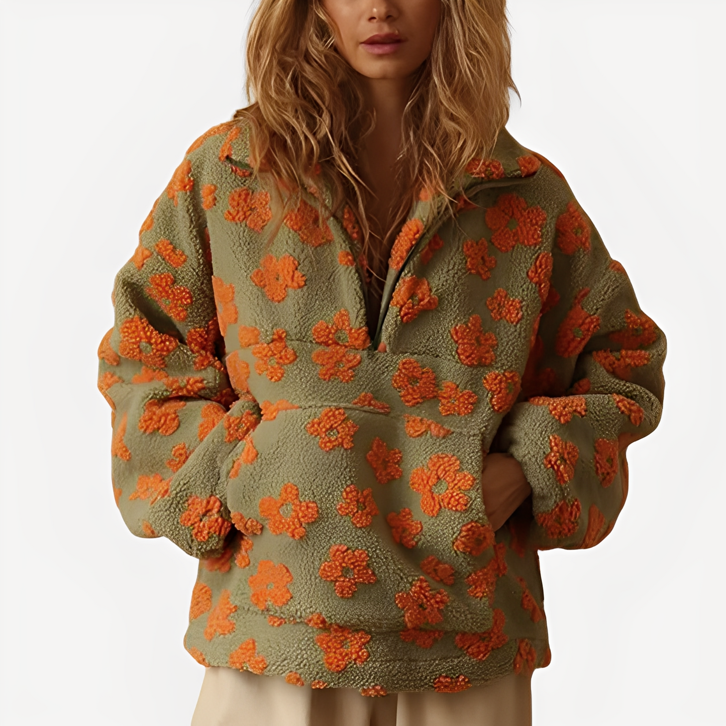 Damen Sherpa Pullover Blumenmuster Trendy