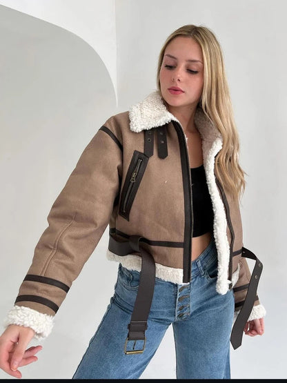 Lammfelljacke Damen Oversized Warm Wollfutter Reißverschluss - IdealeKleiden