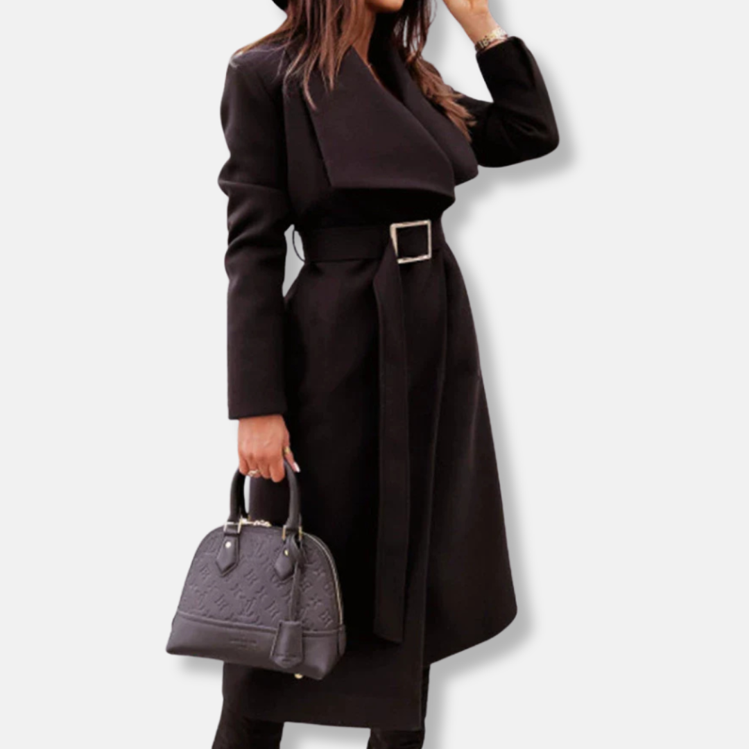 Elegant Women's Long Coat Relaxed Fit Gold Buckle