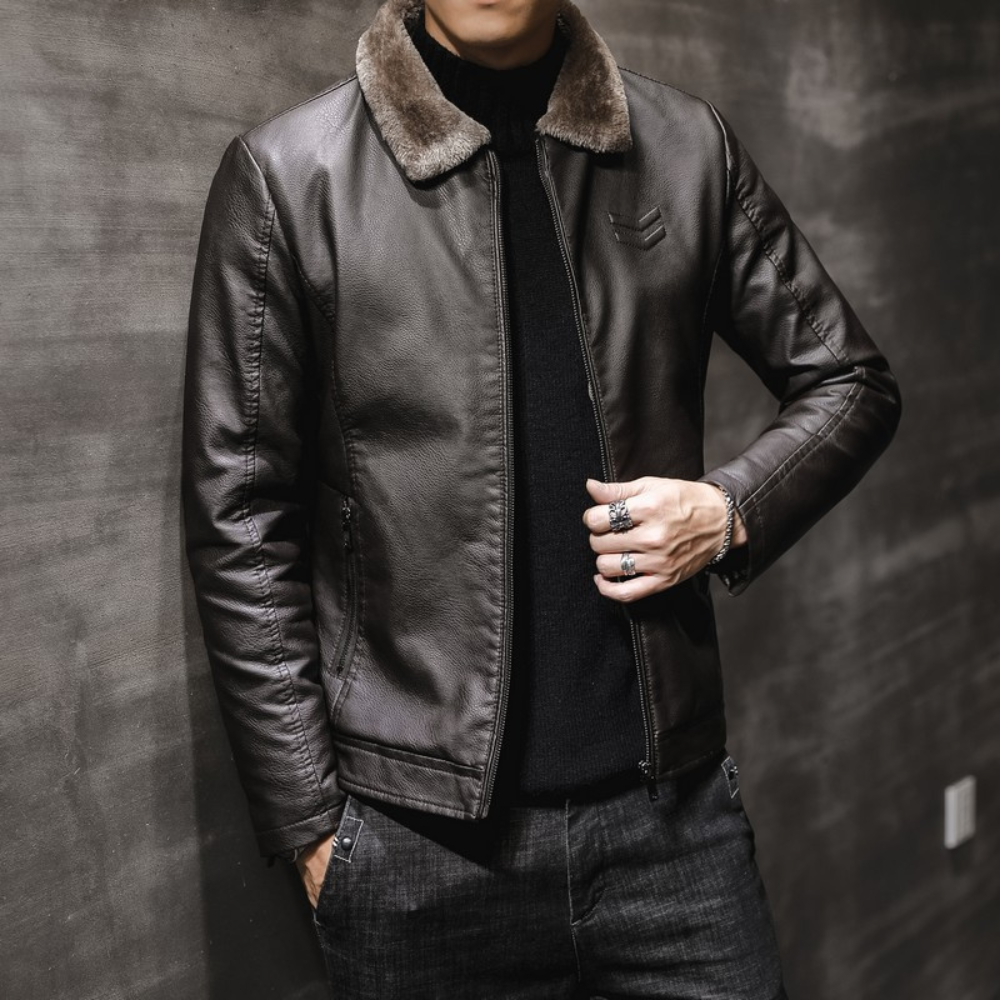 Men's Leather Jacket Fleece Collar Style