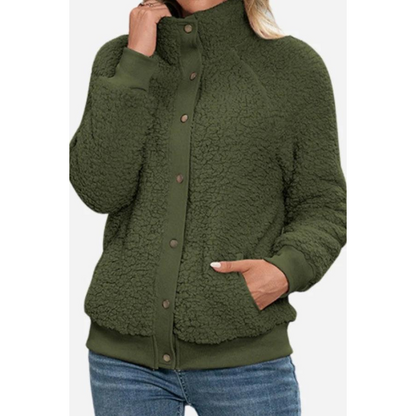 Stylish Fleece Jacket Stand-Up Collar Button Closure