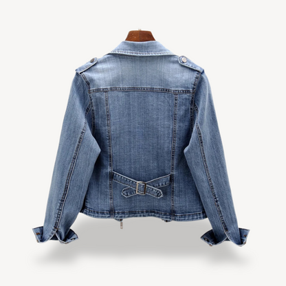 Mode Damen Bikerjacke Denim Blau - IdealeKleiden