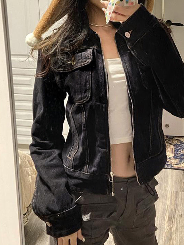 Schwarze Denim Jacke Kurz Reißverschluss - IdealeKleiden
