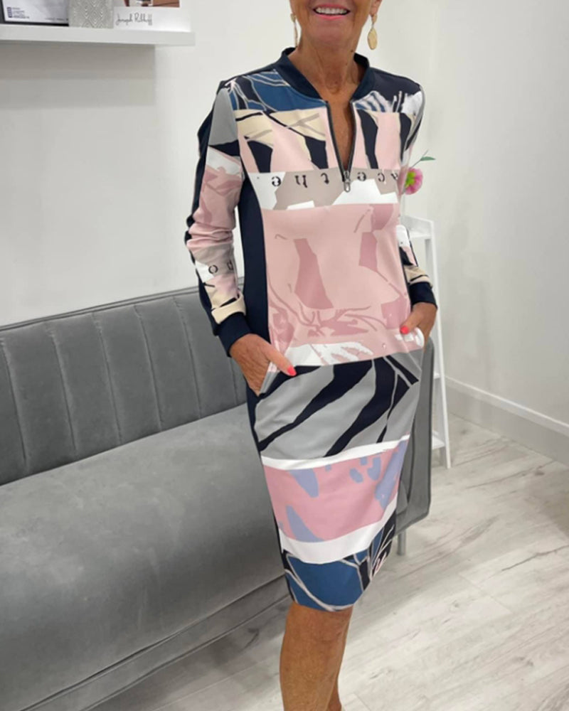 Dress With Long Sleeves and Color Block Design Pocket