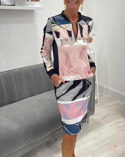 Dress With Long Sleeves and Color Block Design Pocket
