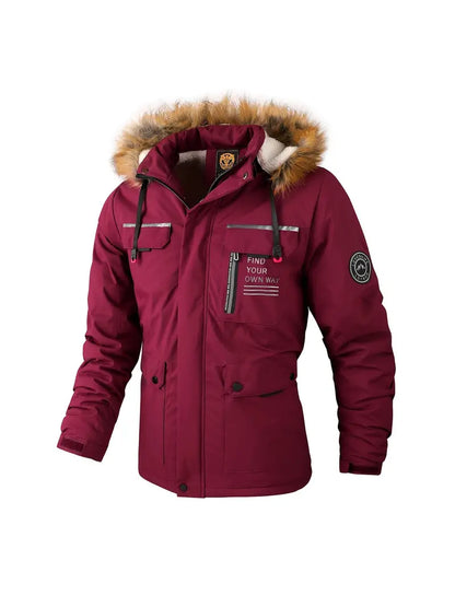 Men's Waterproof Lined Winter Jacket with Fur Hood