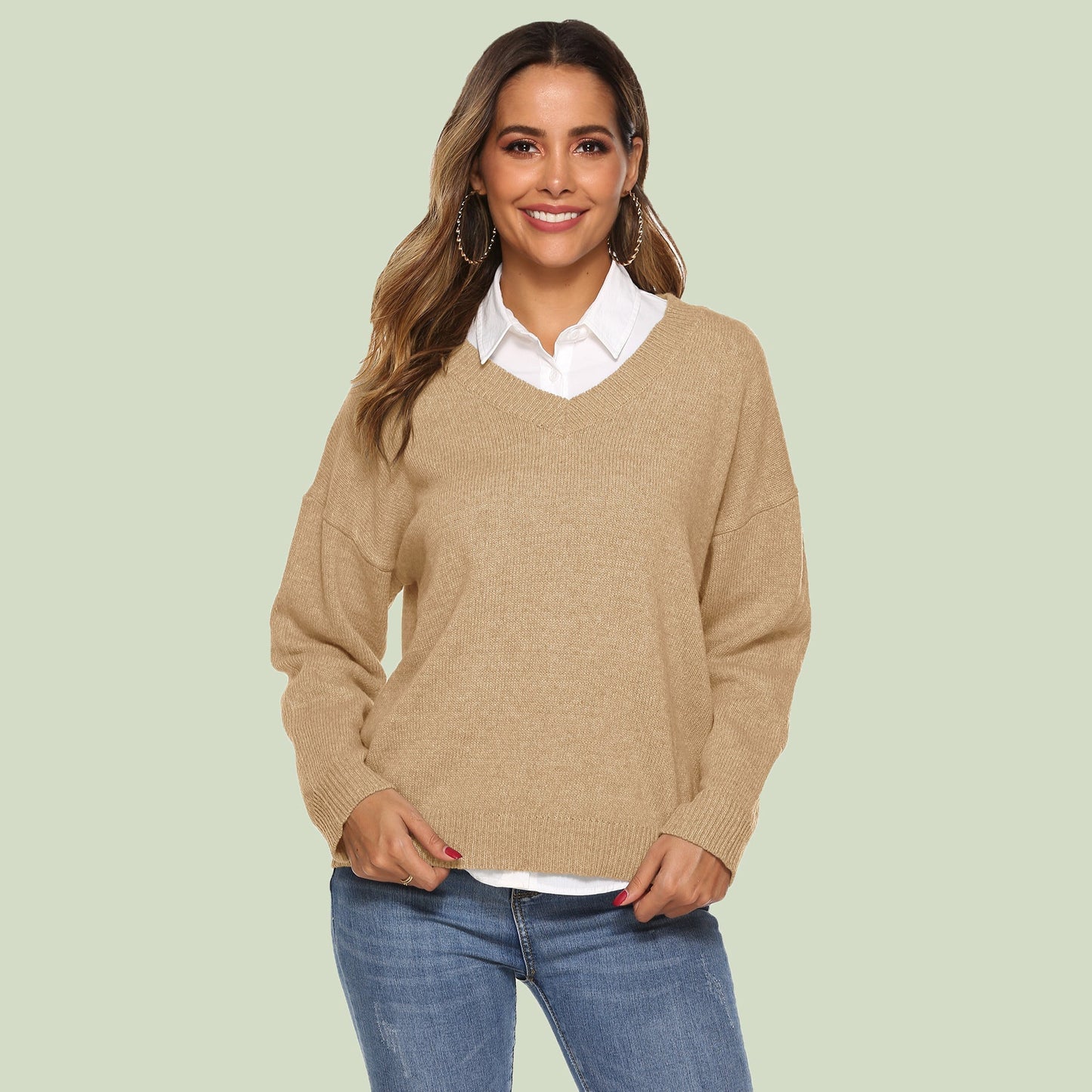 Women's Knitted V-Neck Sweater Comfortable Long Sleeve