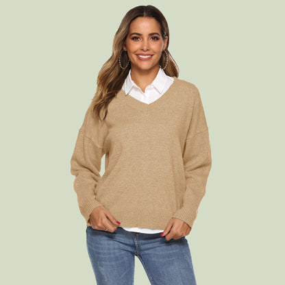 Women's Knitted V-Neck Sweater Comfortable Long Sleeve