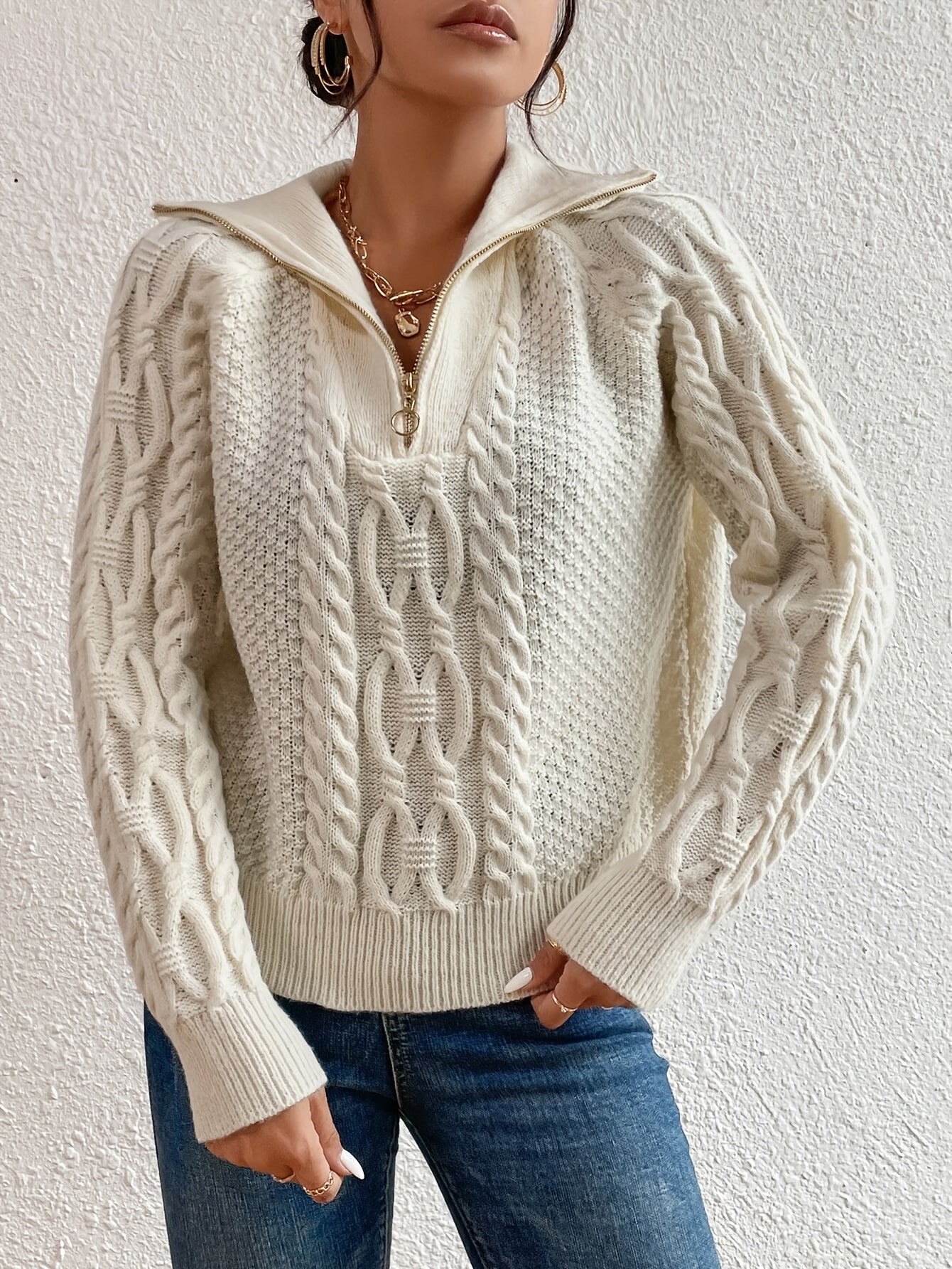 Praktischer Strickpullover Reißverschluss V-Ausschnitt - IdealeKleiden