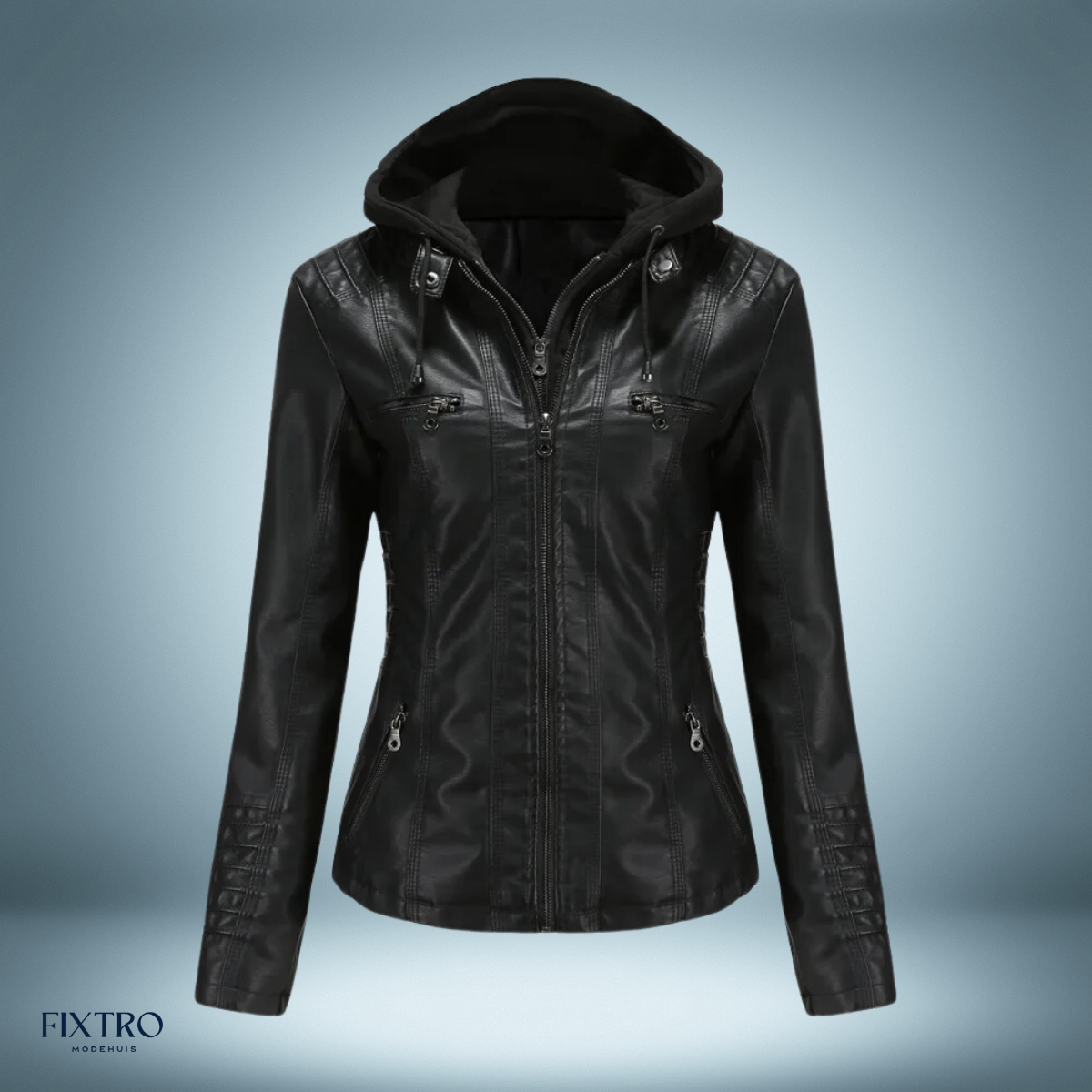 Leather Jacket with Hood Biker Style