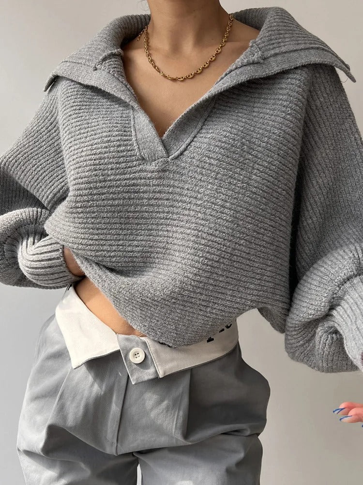 Cozy Knitted Sweater Bib Sleeves Open Collar