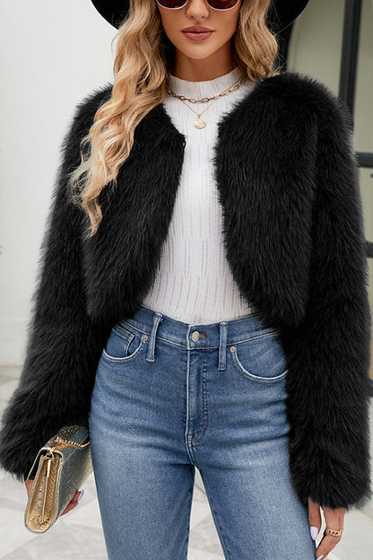 Long Sleeve Short Casual Faux Fur Jacket → Trendy Faux Fur Jacket Long Sleeve Casual