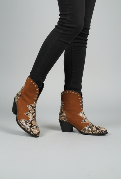 Western Ankle Boots Snake Print Low Heel
