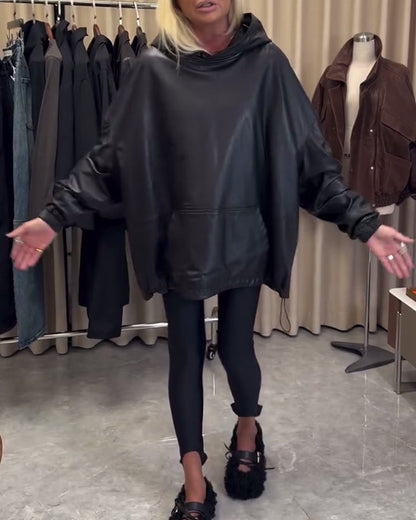 Fashionable Leather Jacket Hooded Sweatshirt for Women
