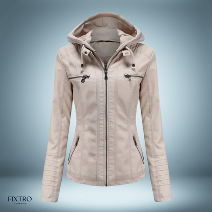 Leather Jacket with Hood Biker Style