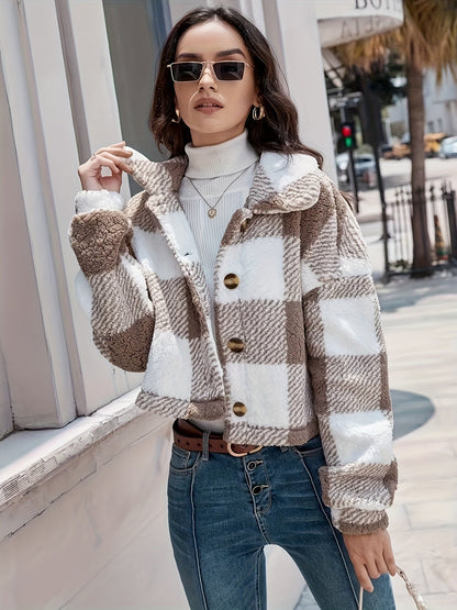 Women's Plaid Teddy Jacket Modern Button Closure