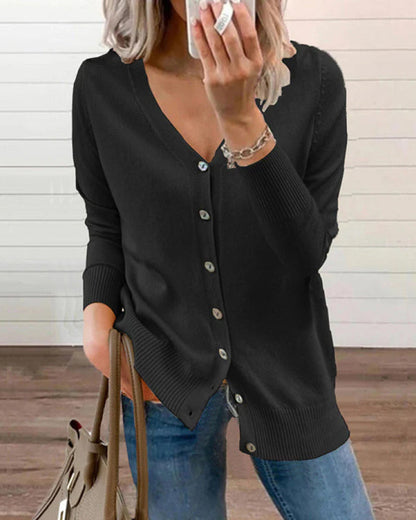 Women's Knitted Button-Up V-Neck Top