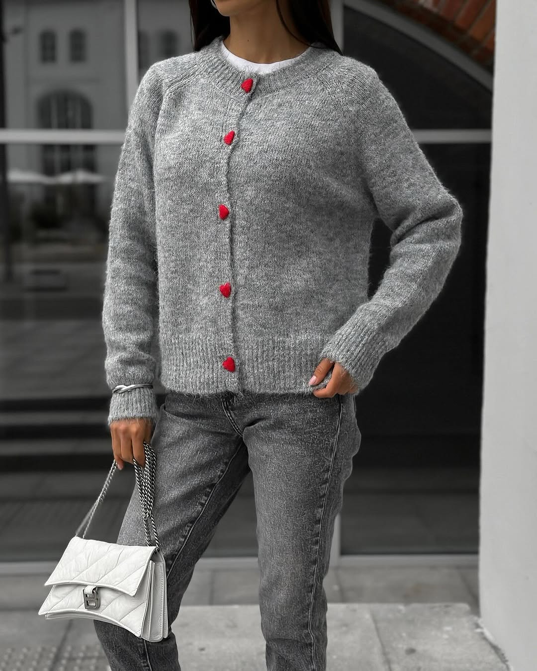 Soft knitted top with heart buttons for women