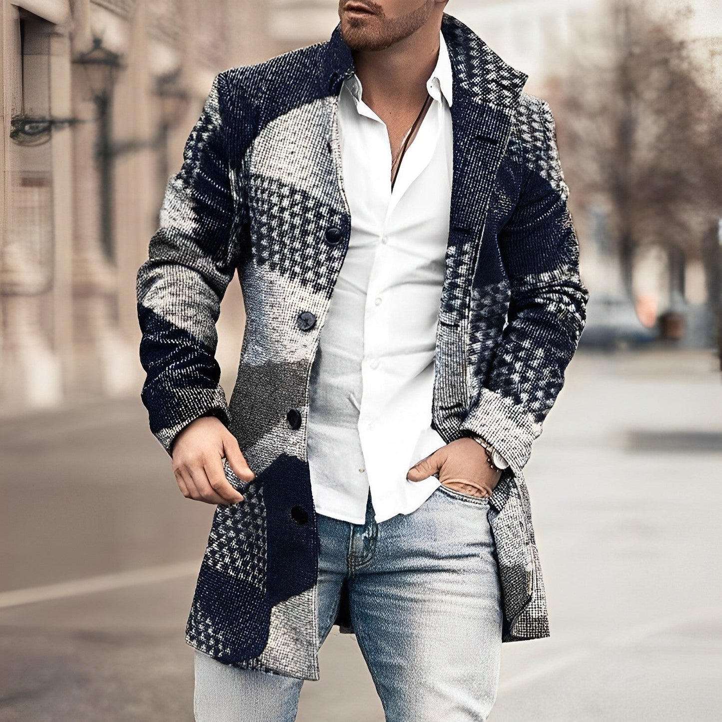 Men's Modern Plaid Coat Button Closure