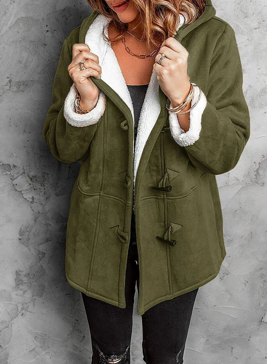 Women's Warm Winter Jacket with Hood and Buttons