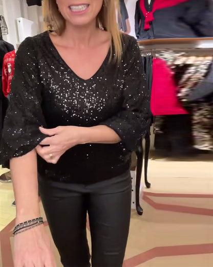 Glitzer Kleid V-Ausschnitt Langarm Elegant - IdealeKleiden