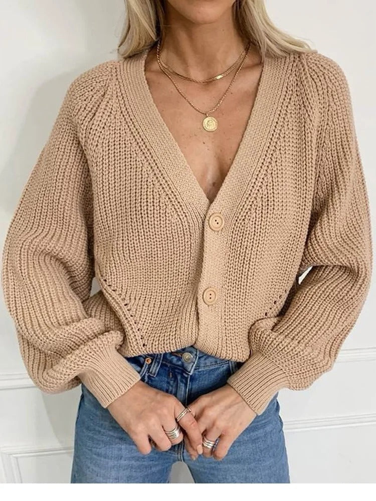 Women's Cardigan with Openwork Pattern and Puff Sleeves