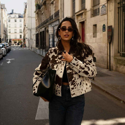 Stylish Cow Print Dress with Lapel Collar