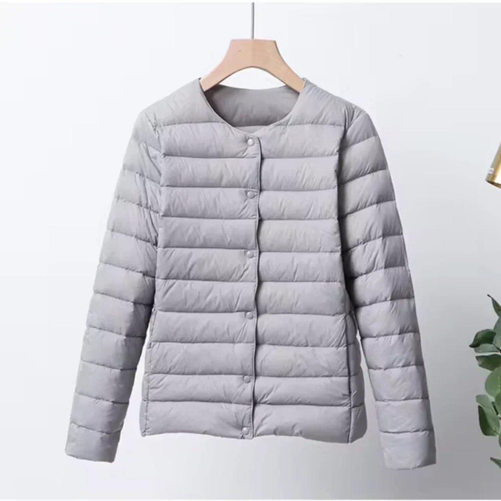 Lightweight Down Jacket Slim Fit Button Closure Hip Length
