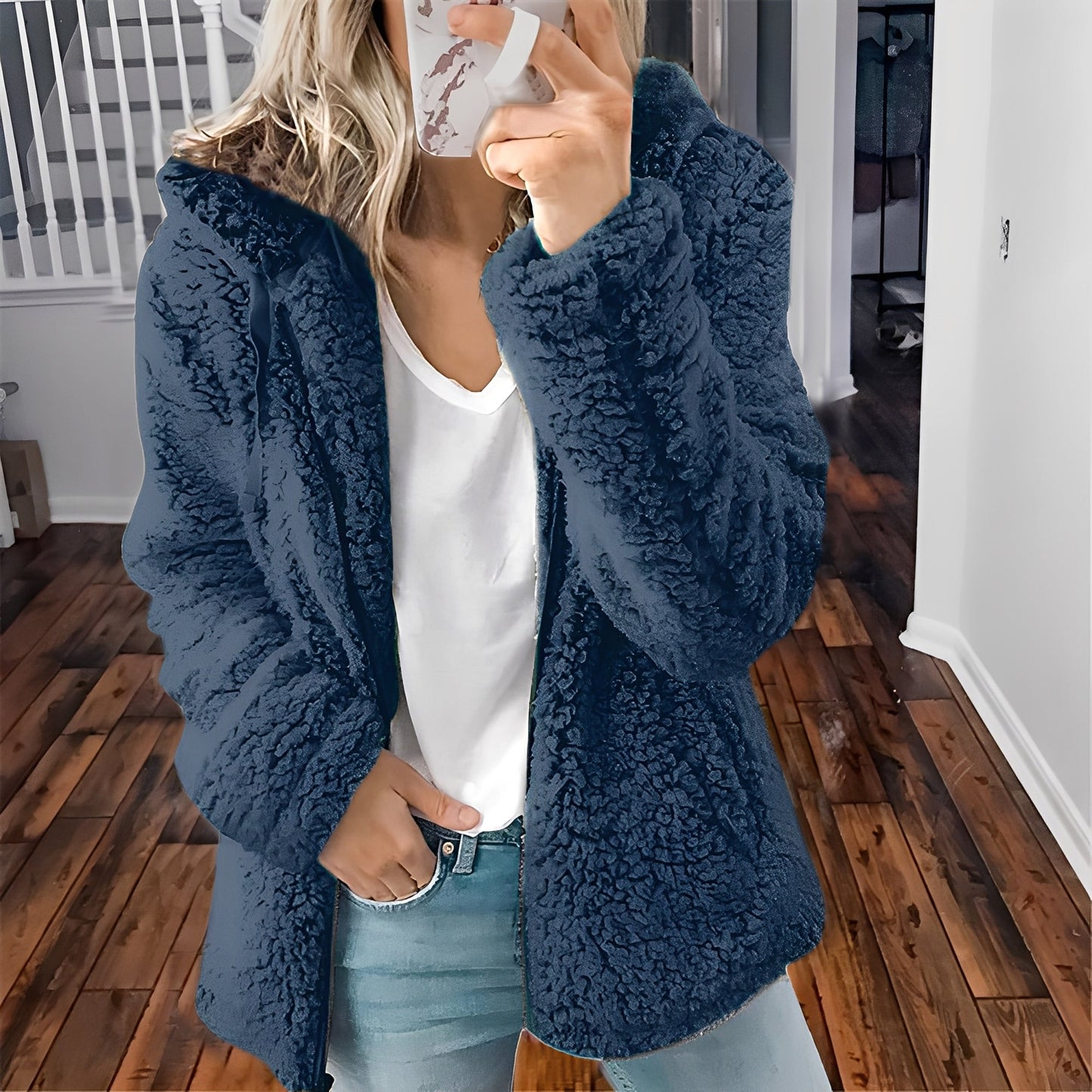 Damen Wolljacke Kapuze Warm