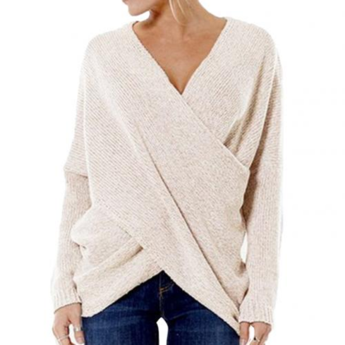 Women's Scarf Wrap Pullover Long-sleeved Ribbed