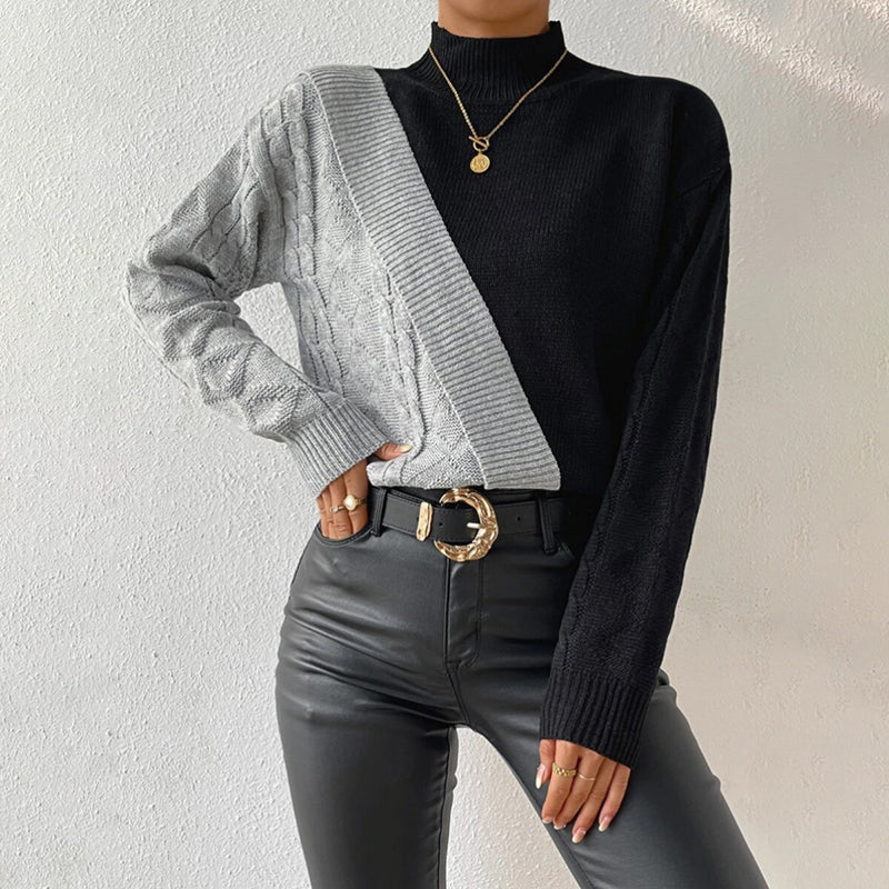 Women's Knitted Sweater Warm Winter Patchwork Turtleneck