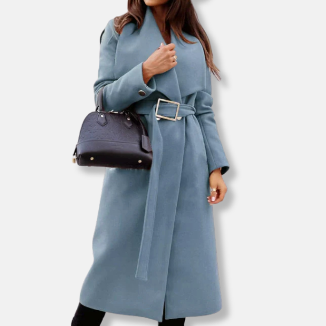 Elegant Women's Long Coat Relaxed Fit Gold Buckle
