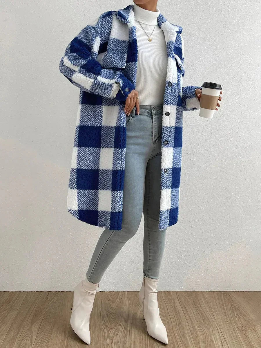 Oversized Plaid Midi Teddy Coat