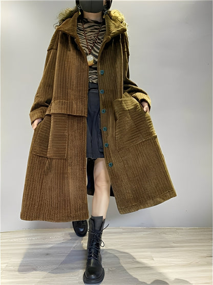 Comfortable Women's Long Jacket with Pockets Corduroy Fabric
