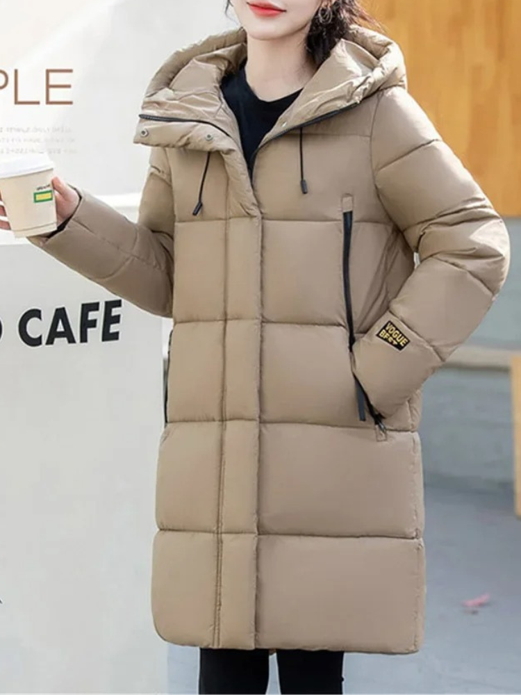 Stylish Puffer Jacket Khaki Color Hood Zipper