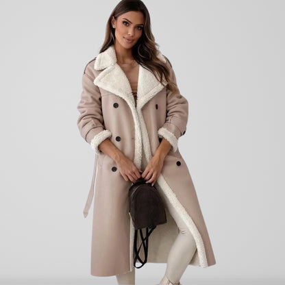 Long oversized sheepskin-lined coat with belt