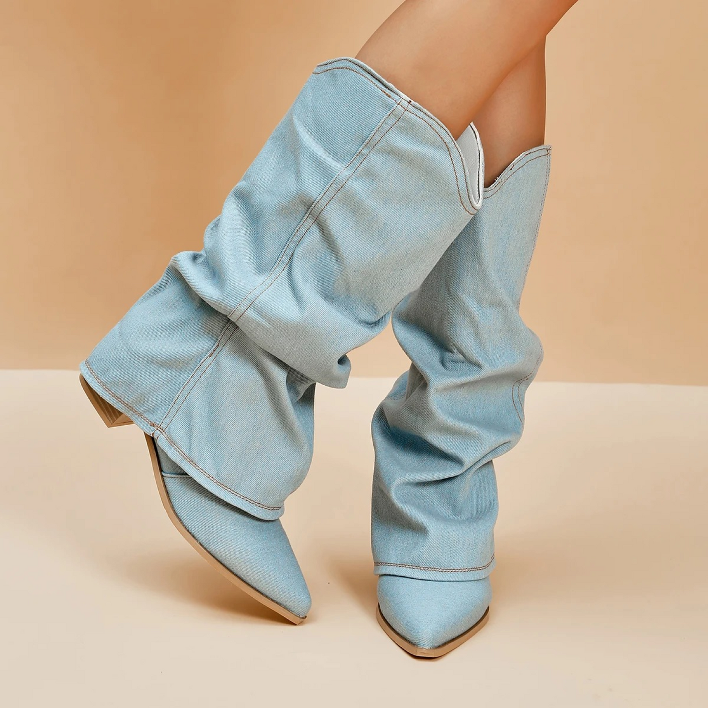 Knee-High Boots Soft Denim Pointed Toe Low Heel