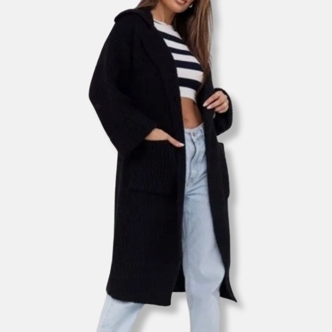 Long knit coat plus size hood with pockets