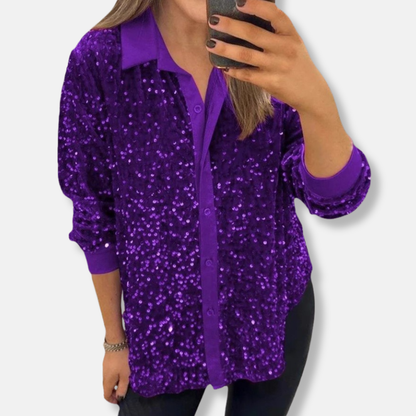 Festive Shirt with Sequins Loose Fit Elegant Collar