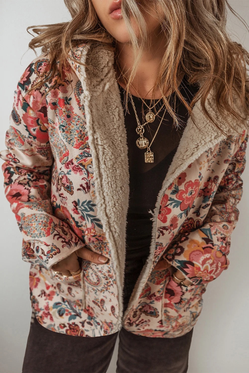 Stylish Hooded Jacket Paisley Pattern Soft Fleece