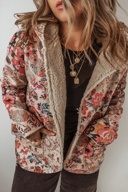 Stylish Hooded Jacket Paisley Pattern Soft Fleece