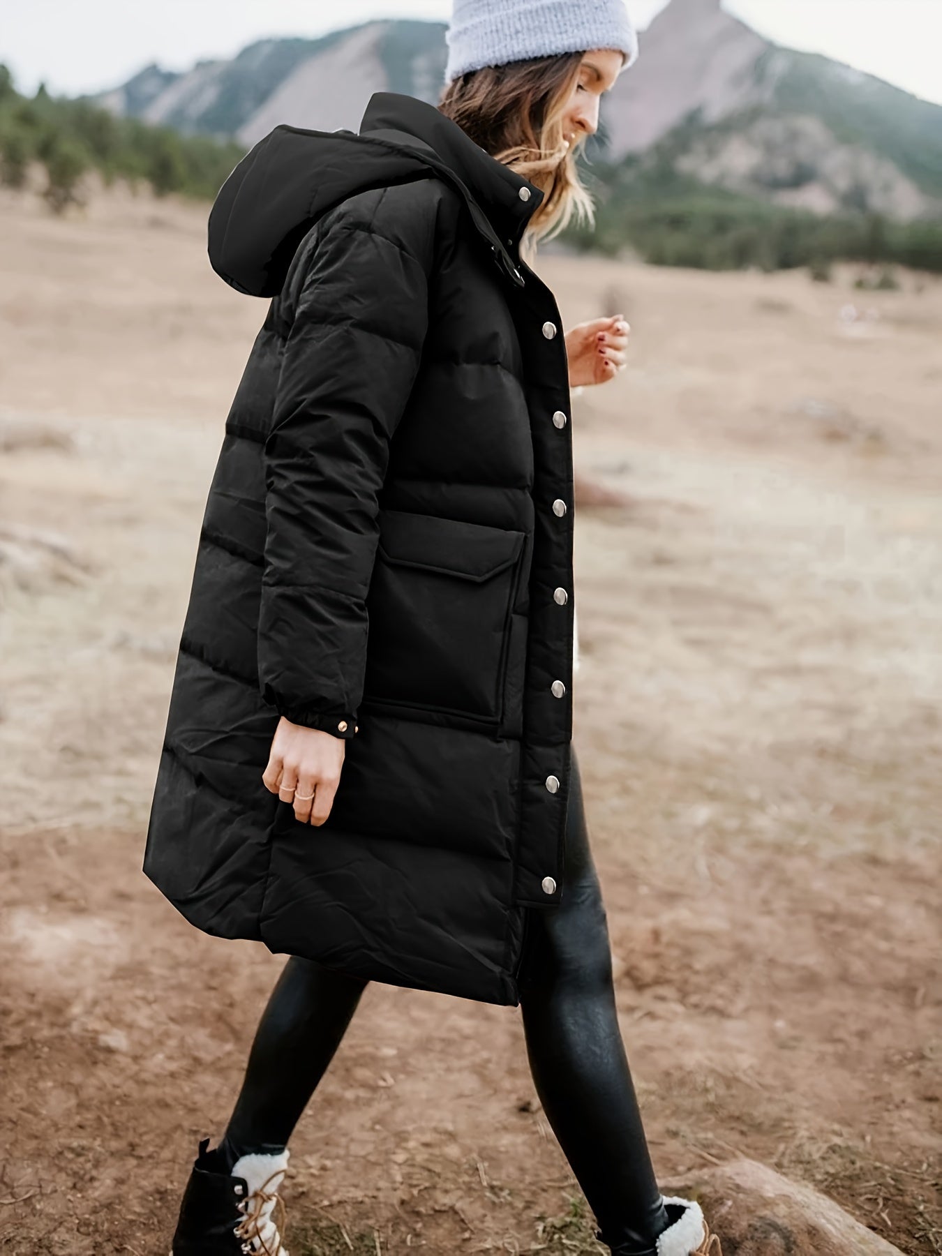 Warm Winter Dress | Black Puffer Coat Hood Padding Autumn Winter