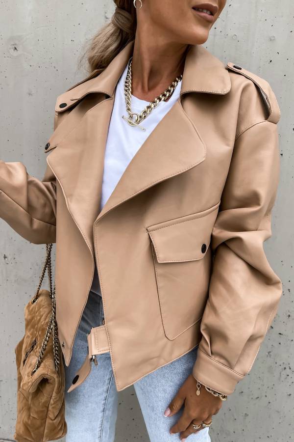 Leder Revers Tasche Biker Stil Kurzjacke - IdealeKleiden