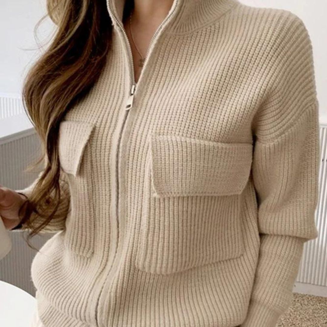 Praktischer Strickpullover mit Reißverschluss und Taschen für Frauen - IdealeKleiden