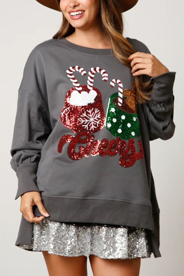 Christmas Candy Cup Sequin Sweatshirt Casual